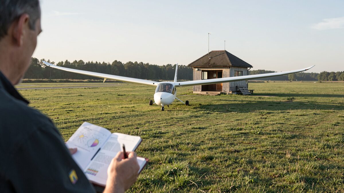 A grass gliding airfield on a clear morning, a glider with long wings parked near a small clubhouse, an observer with a notebook in the foreground, shot in soft side light.