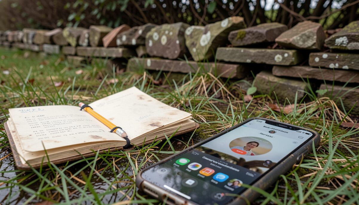 A gloved hand holding a pencil over an open pocket notebook on a stone wall, with short lines of handwriting using small circled letters and brackets, a muddy path and bare hedge visible in the soft-focus background.