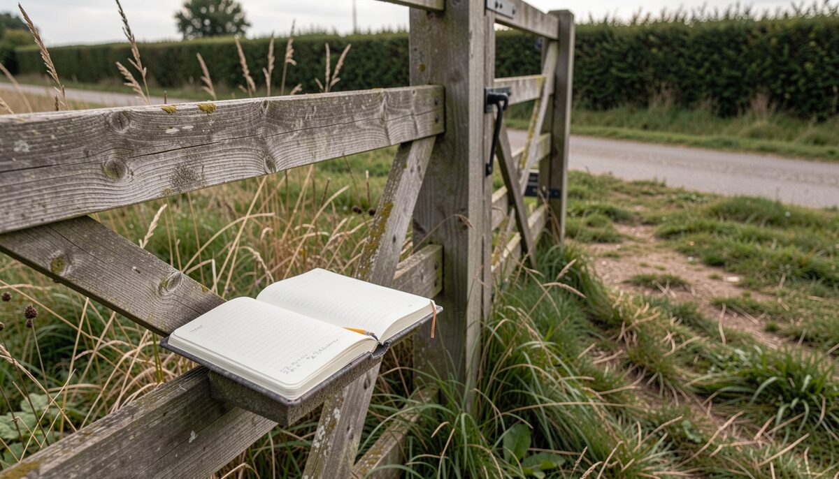 A weathered wooden field gate seen from a seated position at knee height, a small notebook resting open on the lower bar with a pencilled sketch of the gate post and sightline, rough grass and a hedge stretching into soft focus beyond.