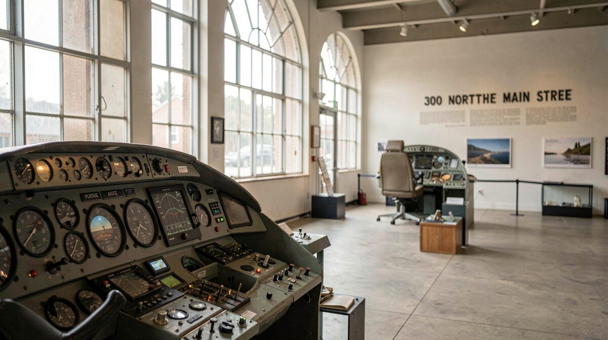 The two exhibition halls at 300 North Main Street with a restored aircraft instrument panel in the foreground, soft afternoon light through tall windows