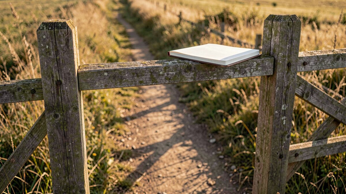 A weathered wooden footpath stile at golden hour, with a field notebook resting on the top rail, shot from a low angle.