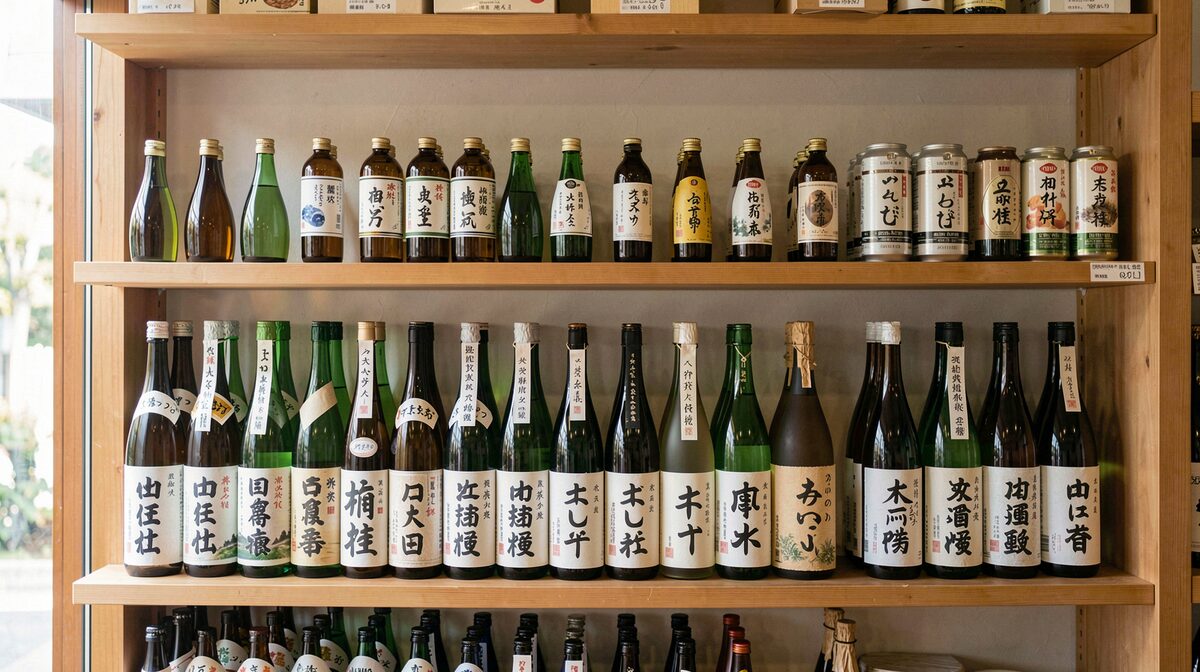 A tidy Japanese sake shop shelf in soft daylight, bottles with paper labels arranged by region, framed straight-on at eye level.